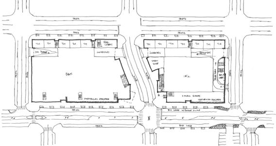 Site plan with labeled colored blocks showing zoning for commercial design feasibility study