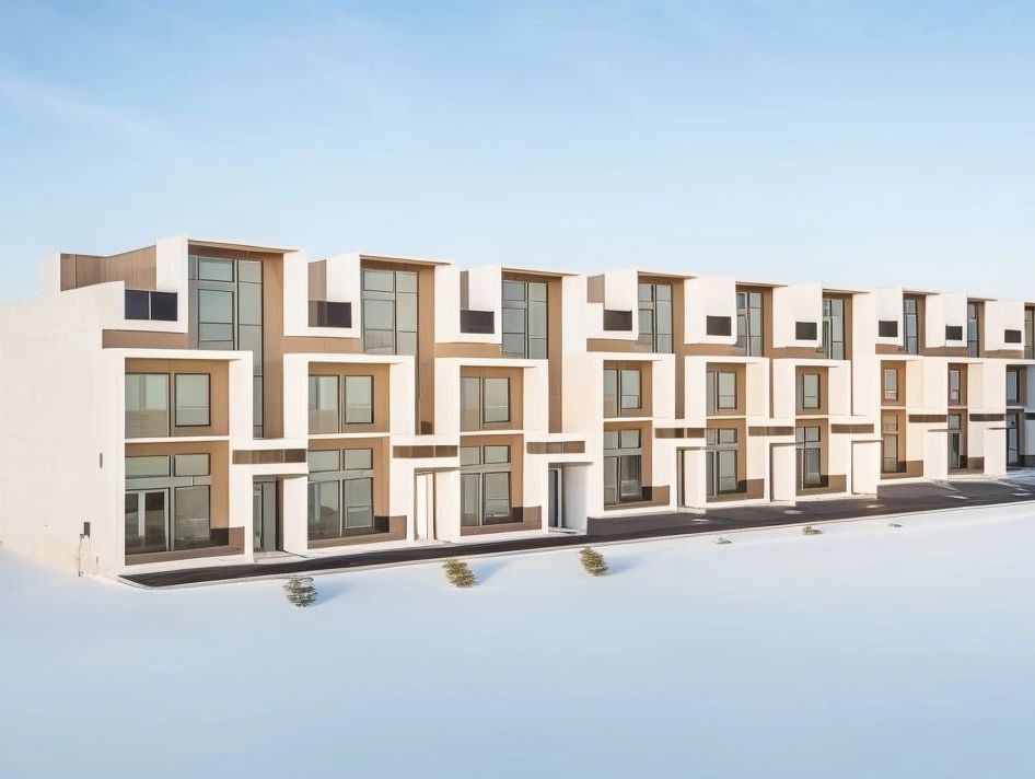 Exterior rendering of 9 modern townhomes with 3 stories and rooftop decks