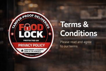 Security badge for tamper-proof food deliveries with terms and conditions notice.