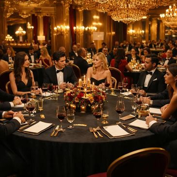 Elegant group dinner in a luxurious, candlelit ballroom.