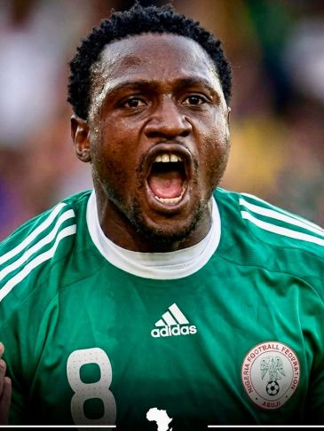 Nigerian football player passionately shouting during a match.