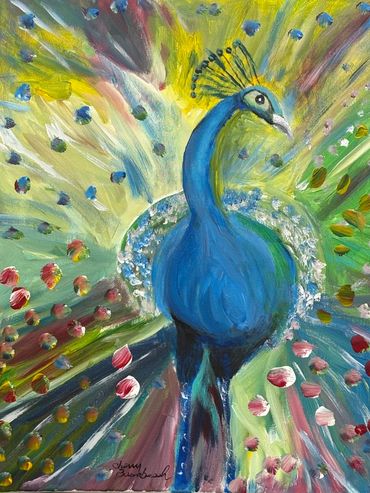 Acrylic on canvas, multicolored peacock