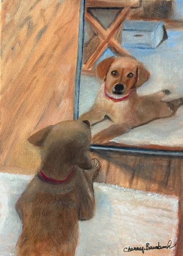 Oil on canvas, puppy looking into mirror