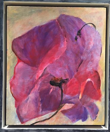 Vibrant oil painting of a large purple and red flower on a muted background.
