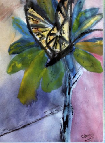 Watercolor painting of a butterfly on colorful leaves with a soft background.