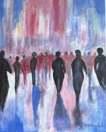 Silhouetted figures walk through a misty, colorful urban scene with reflections.