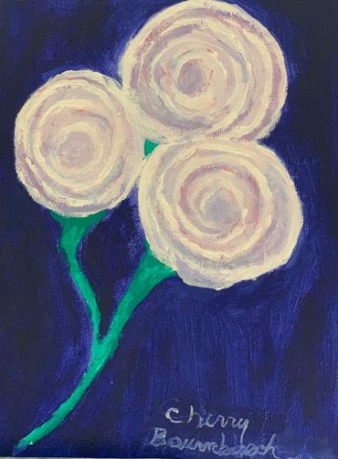 Painting of three white roses on dark blue background.