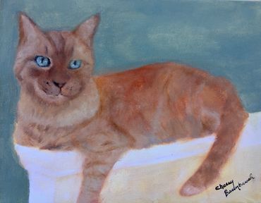 Painting of a relaxed orange cat with blue eyes against a blue background.