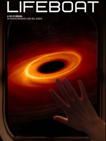 Poster showing a black hole or dark sphere in space.