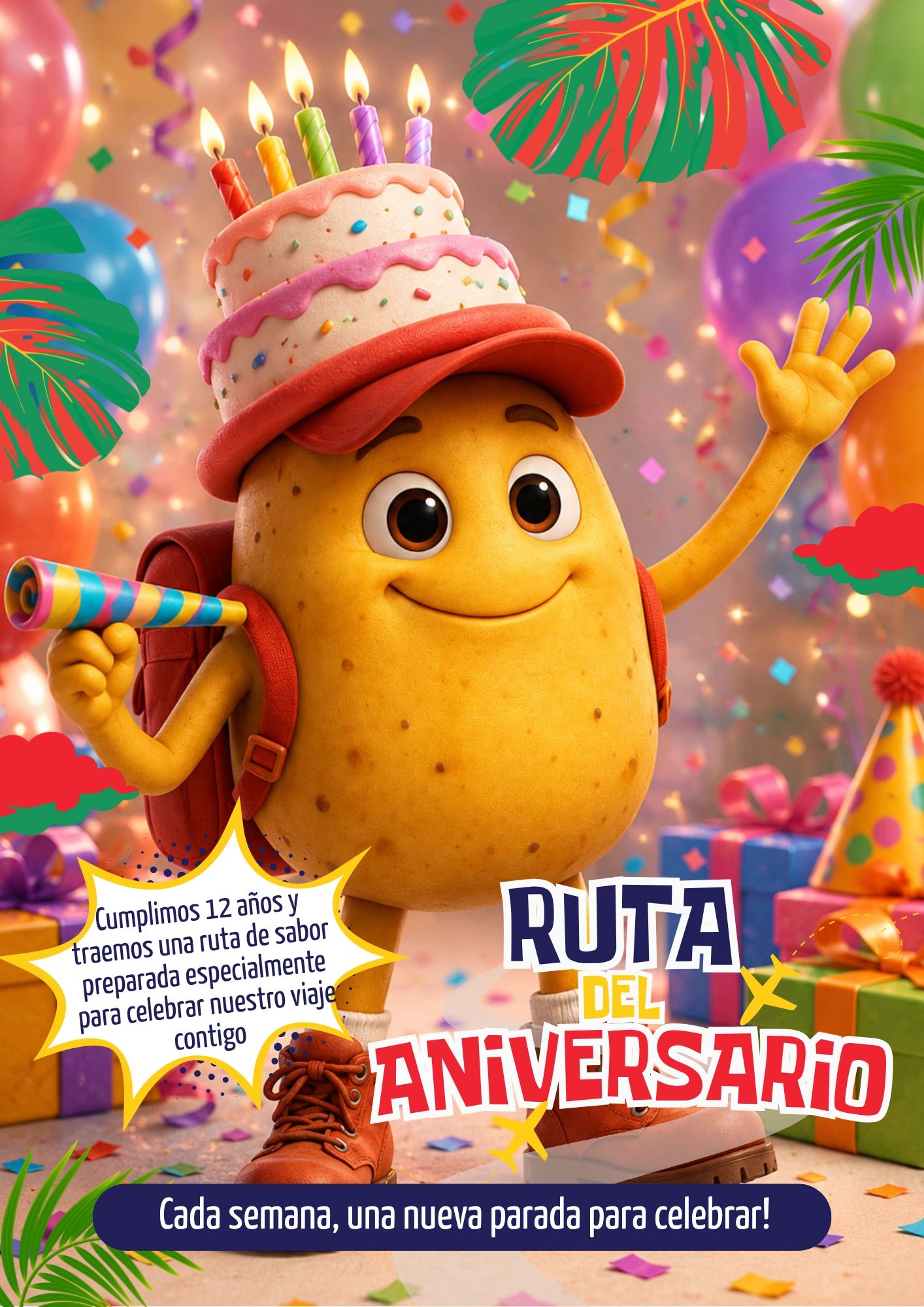 Celebración de 12 años con un personaje animado y pastel de cumpleaños.