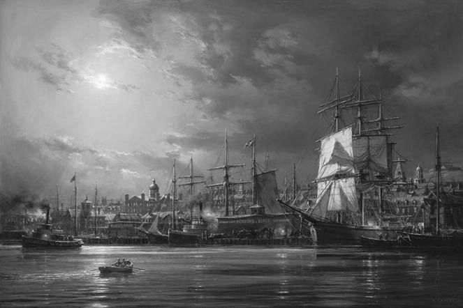 Historic ships docked at a moonlit harbor.