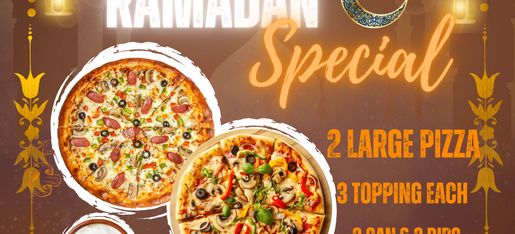 almadina bistro Ramadan special pizza deal including 2 large pizza with 3 topping each 3 dip and can