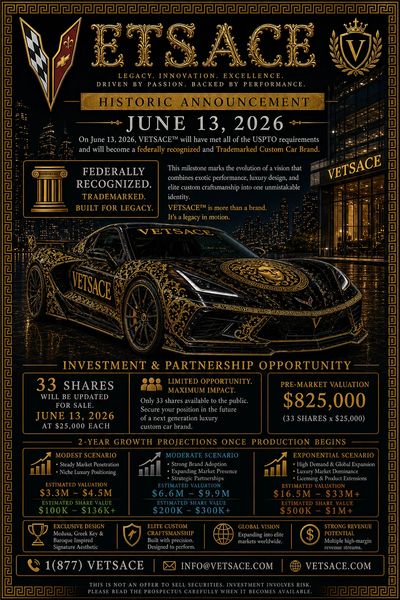 Luxury VETSACE custom car brand announcement for June 13, 2026, with investment opportunity.