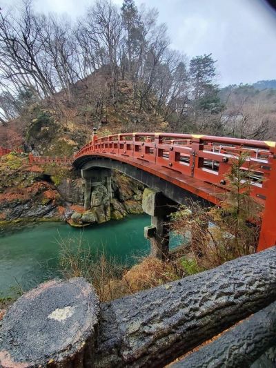 A red wooden bridge spanning green water.