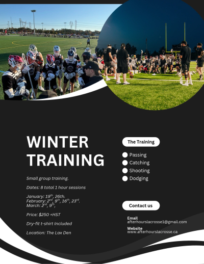 Flyer for winter lacrosse training sessions with dates and contact info.