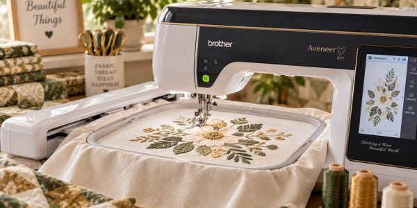 Brother Aveeneer embroidery machine stitching a floral design.