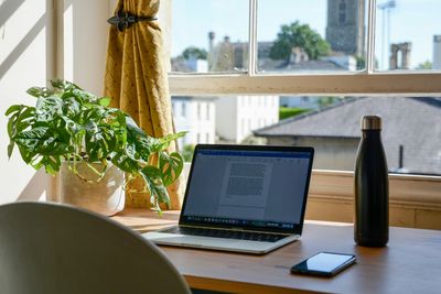 A laptop, plant, water bottle, and phone on a wooden desk by a sunny window.