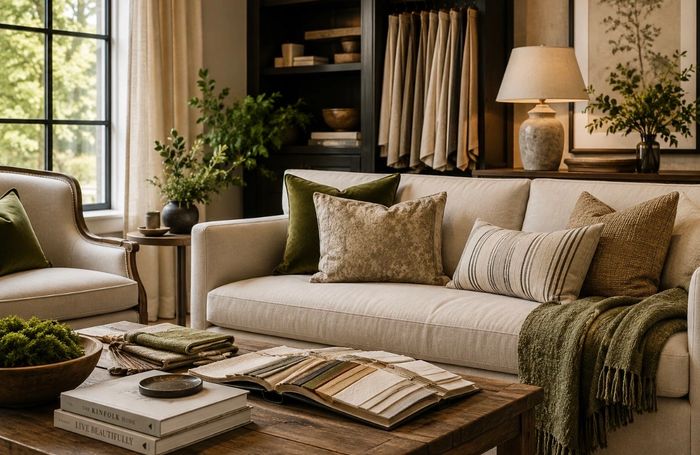 Elegant interior with warm furnishings, layered textiles, and fabric samples. 