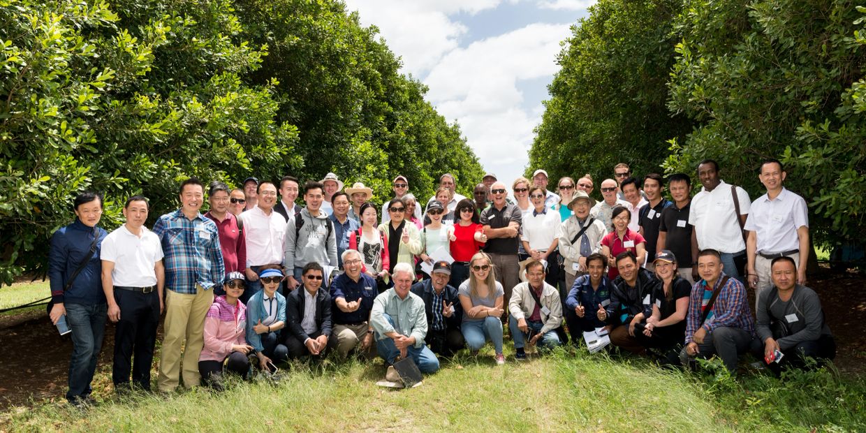 Large diverse group posing outdoors between rows of trees under a partly cloudy sky.
