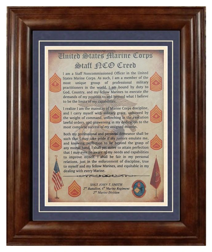 BEST US Marine Corps STAFF NCO CREED Aged Parchment Framed Matted ...