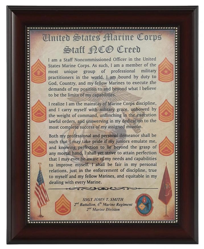 BETTER US Marine Corps STAFF NCO CREED Aged Parchment Framed ...