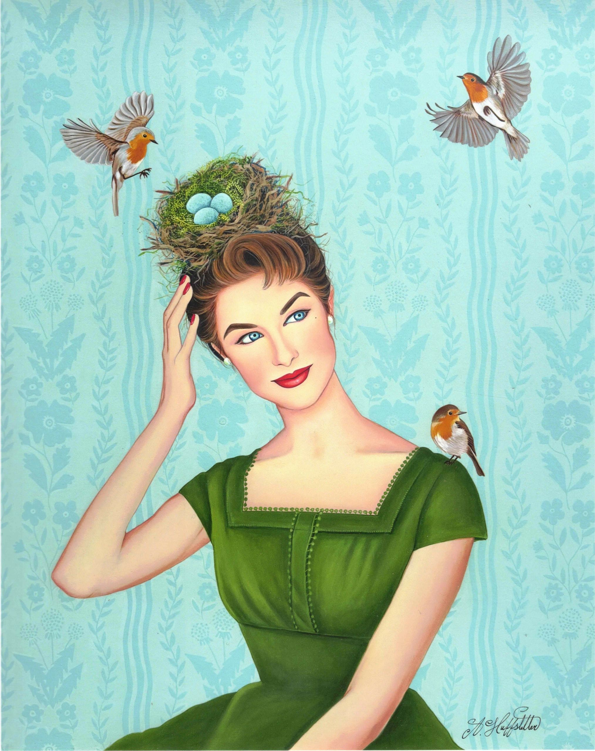 Woman with a bird's nest hat and birds around her on a floral background.