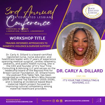 Promotional graphic for Dr. Carly A. Dillard's workshop at the 3rd Annual Black Educated Lesbian Conference.