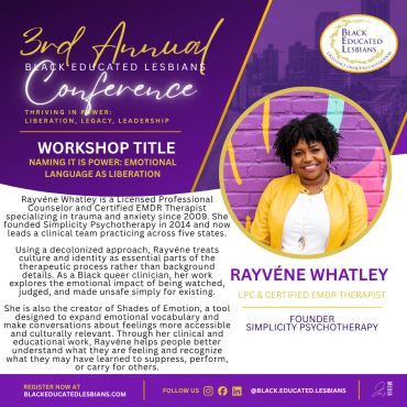 Promotional graphic for the 3rd Annual Black Educated Lesbians Conference featuring Rayvéne Whatley.
