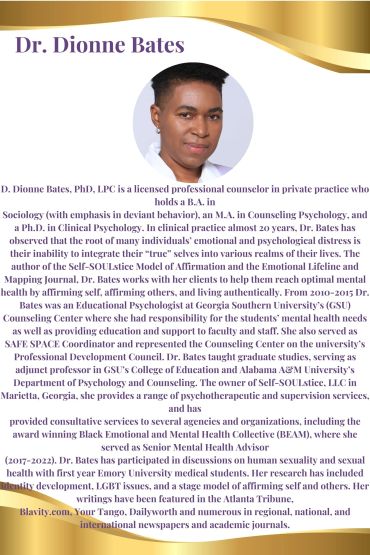 Profile image of Dr. Dionne Bates with her credentials and biography text.