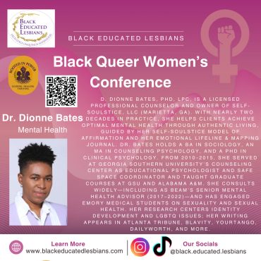 Black Queer Women’s Conference flyer featuring Dr. Dionne Bates for mental health.