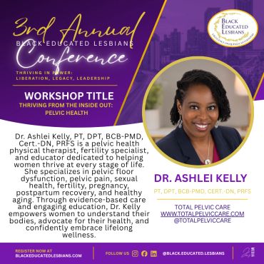 Workshop announcement for Dr. Ashlei Kelly on pelvic health.