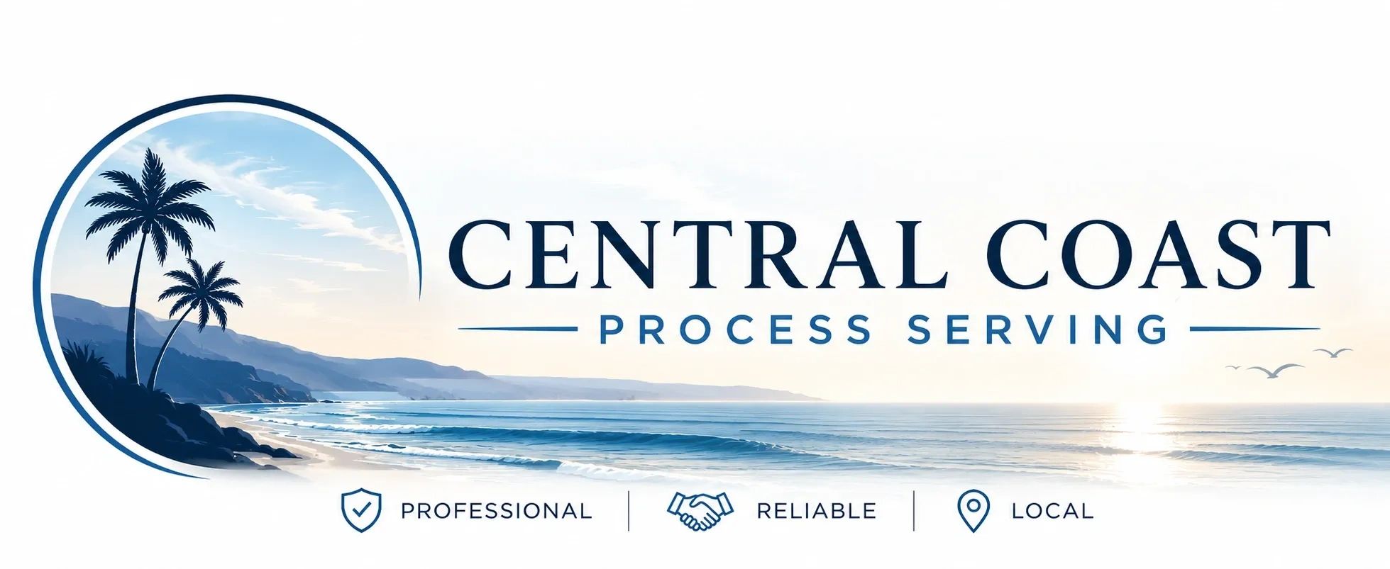 Logo for Central Coast Process Serving with palm trees and ocean.