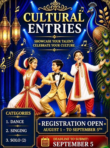 Poster for cultural entries in dance and singing with registration open till September 5.