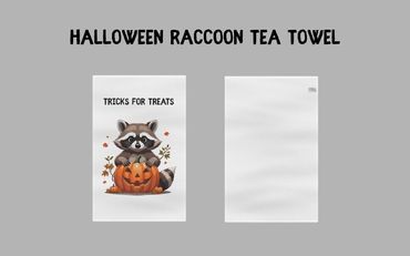 Halloween Raccoon Tea Towel, Kitchen Decor, Fall Gift, Tricks for Treats, Autumn Home, Holiday Towel