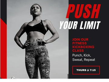 Fitness kickboxing class promotion with a strong female athlete.