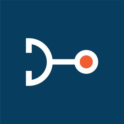 Abstract white and orange geometric logo on a dark blue background.