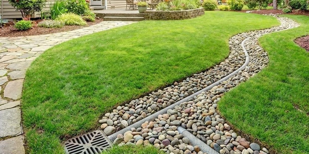 Beautiful backyard with a drainage system and green lawn.