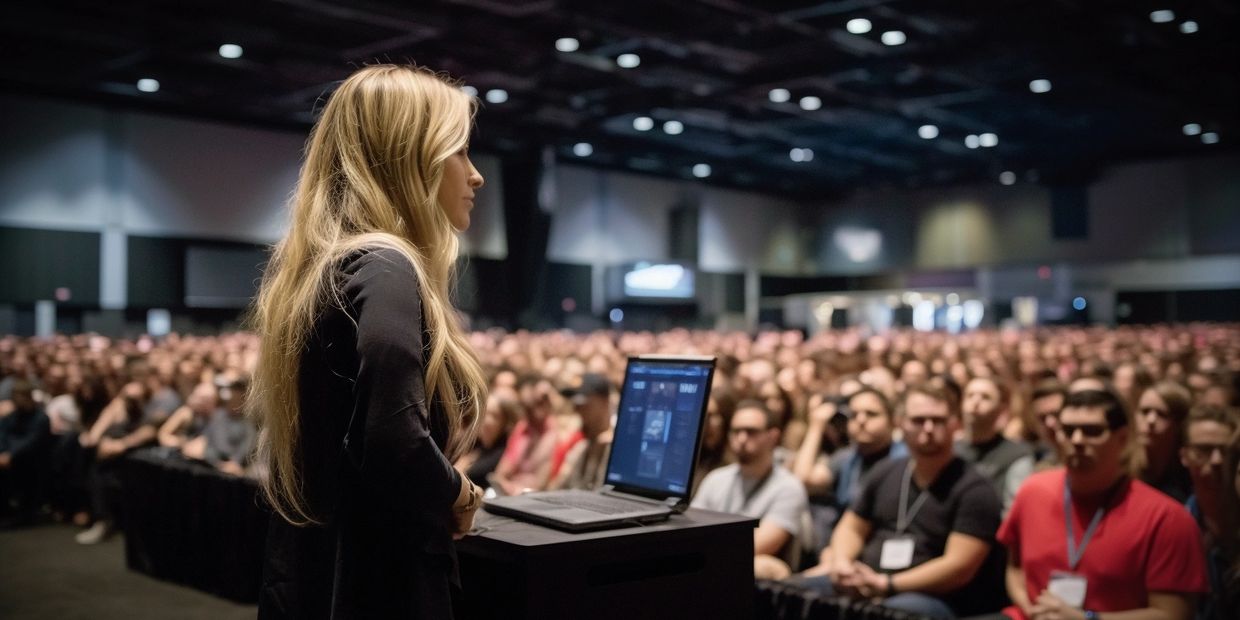 Heidi speaking in front of a large conference audience, business productivity consulting 