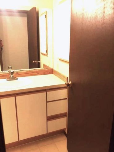 Bathroom sink area with wooden cabinets and a partially open door.
