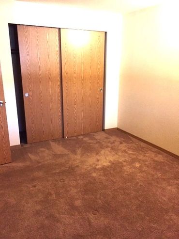 Empty room with brown carpet and wooden closet doors.