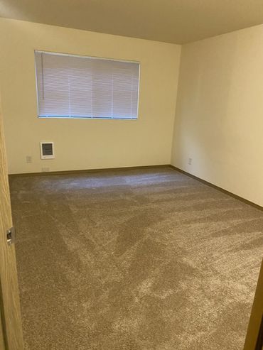 Empty beige carpeted room with a window and closed blinds.