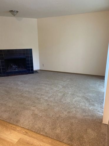Empty living room with carpet and a black-tiled fireplace.
