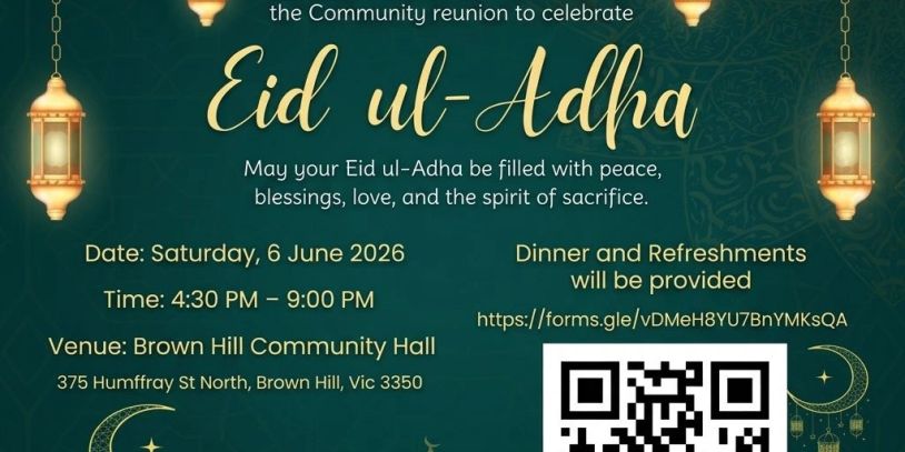 Invitation for Eid ul-Adha community reunion on 6 June 2026 with dinner and refreshments.