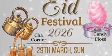 Eid Festival 2026 poster with tea and candy floss.