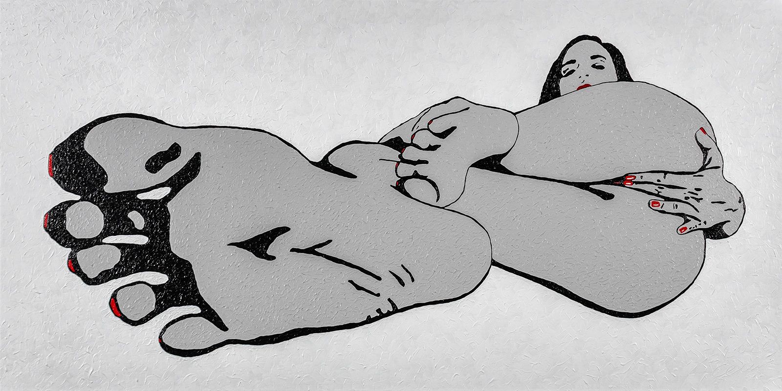 Stylized illustration of a woman with red nails and soles facing the viewer.