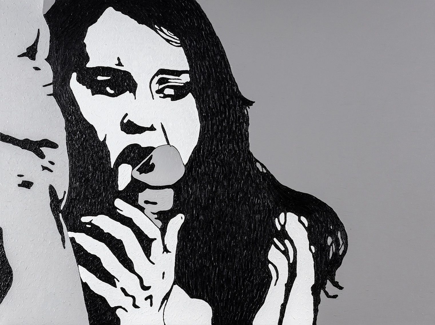Black and white painting of a woman licking an ice cream cone.