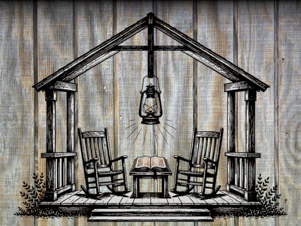 Rustic porch scene with rocking chairs and lantern.
