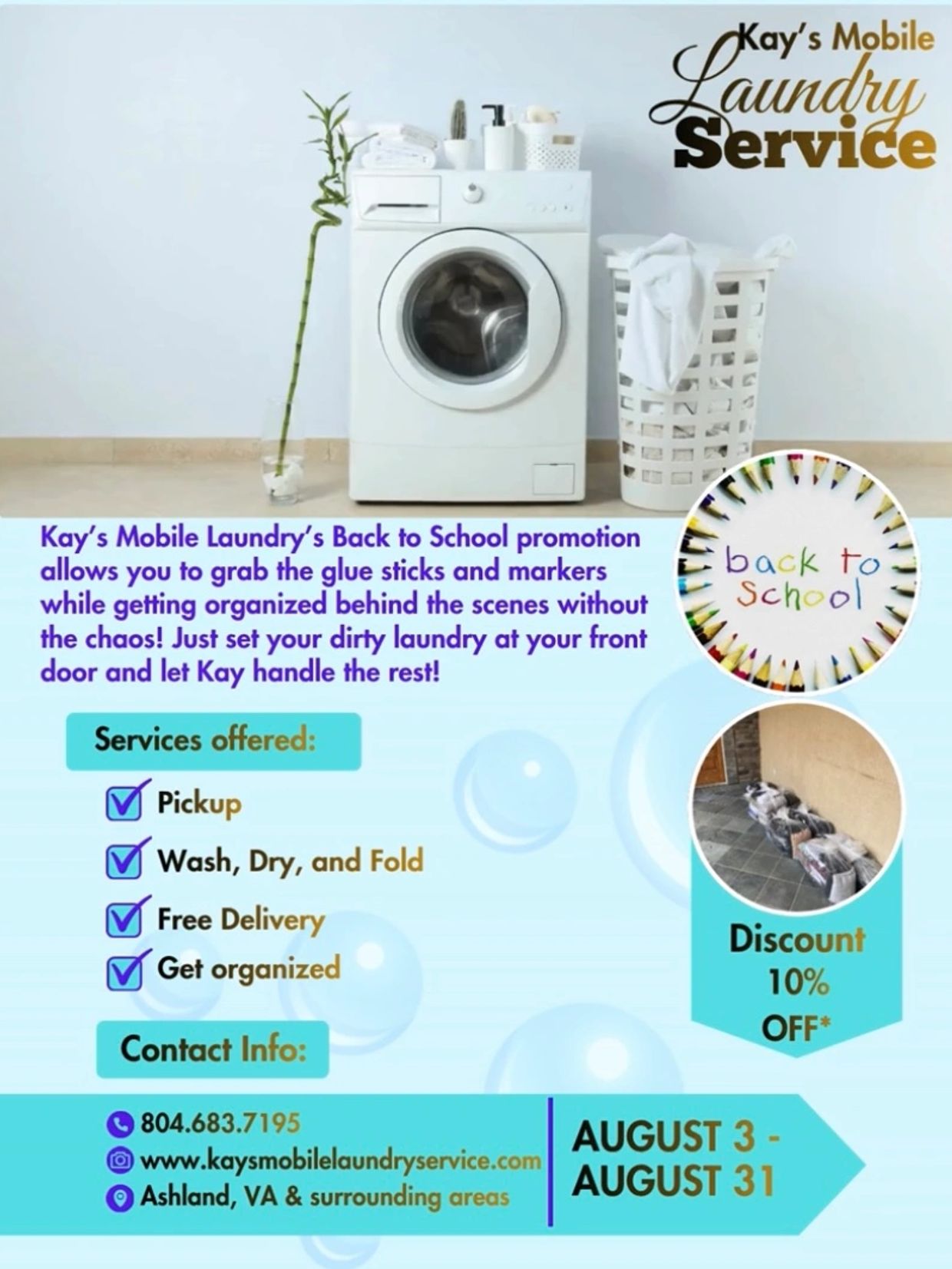 Laundry service promotion with school supplies offer and 10% discount.