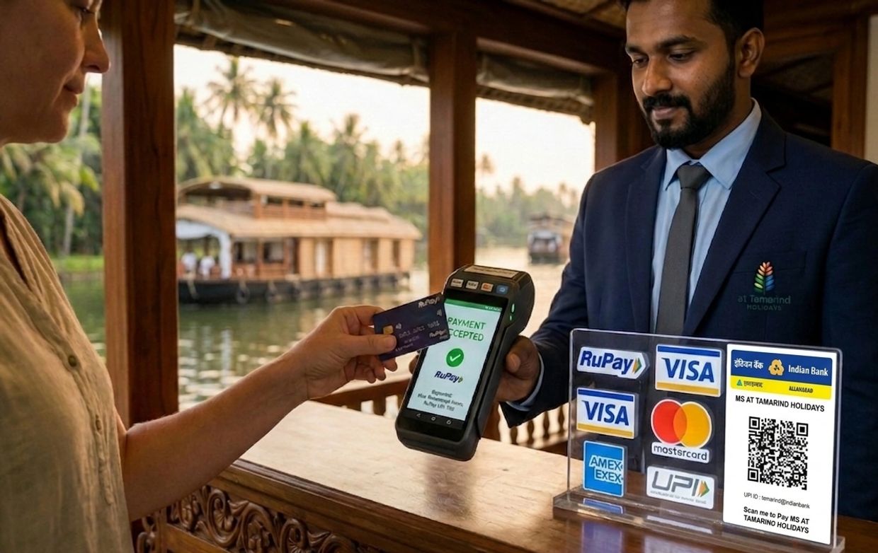 A customer makes a RuPay card payment on a boat with a uniformed staff member.