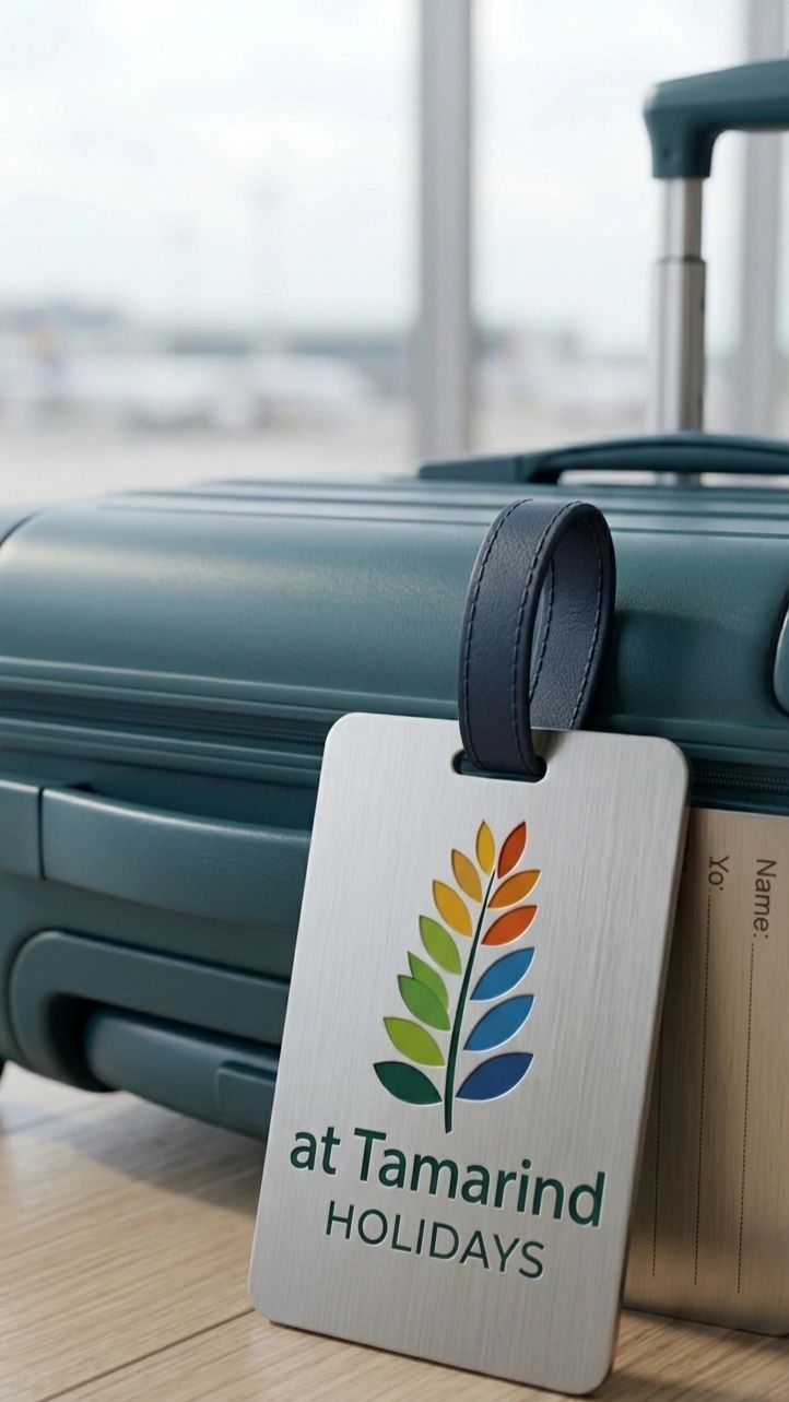 Close-up of a teal suitcase with a colorful 'at Tamarind HOLIDAYS' luggage tag.